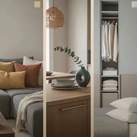 Collage mit Sofa, Sideboard, Vase, offenem Kleiderschrank und Bett